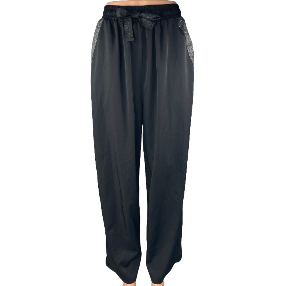 Gracia Women's Black Glittered High Waisted Wide Leg Trousers Pants Size M